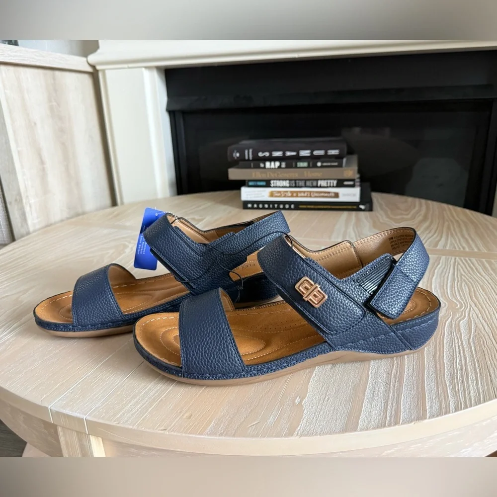 Flex Step|Navy Blue Sandals with Tan Accents,double strap faux leather•••NWT,11 - Picture 1 of 13